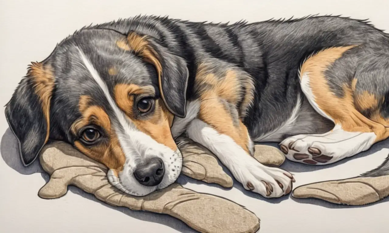 Un perro triste yace en el suelo, con detalles sutiles que transmiten melancolía