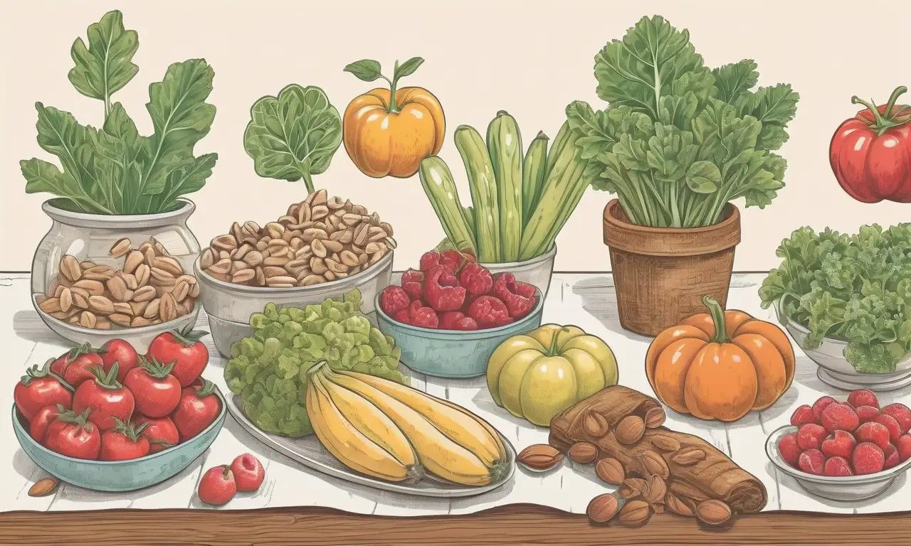 Colores vibrantes y detalles intrincados en una composición armoniosa de alimentos y un perro feliz