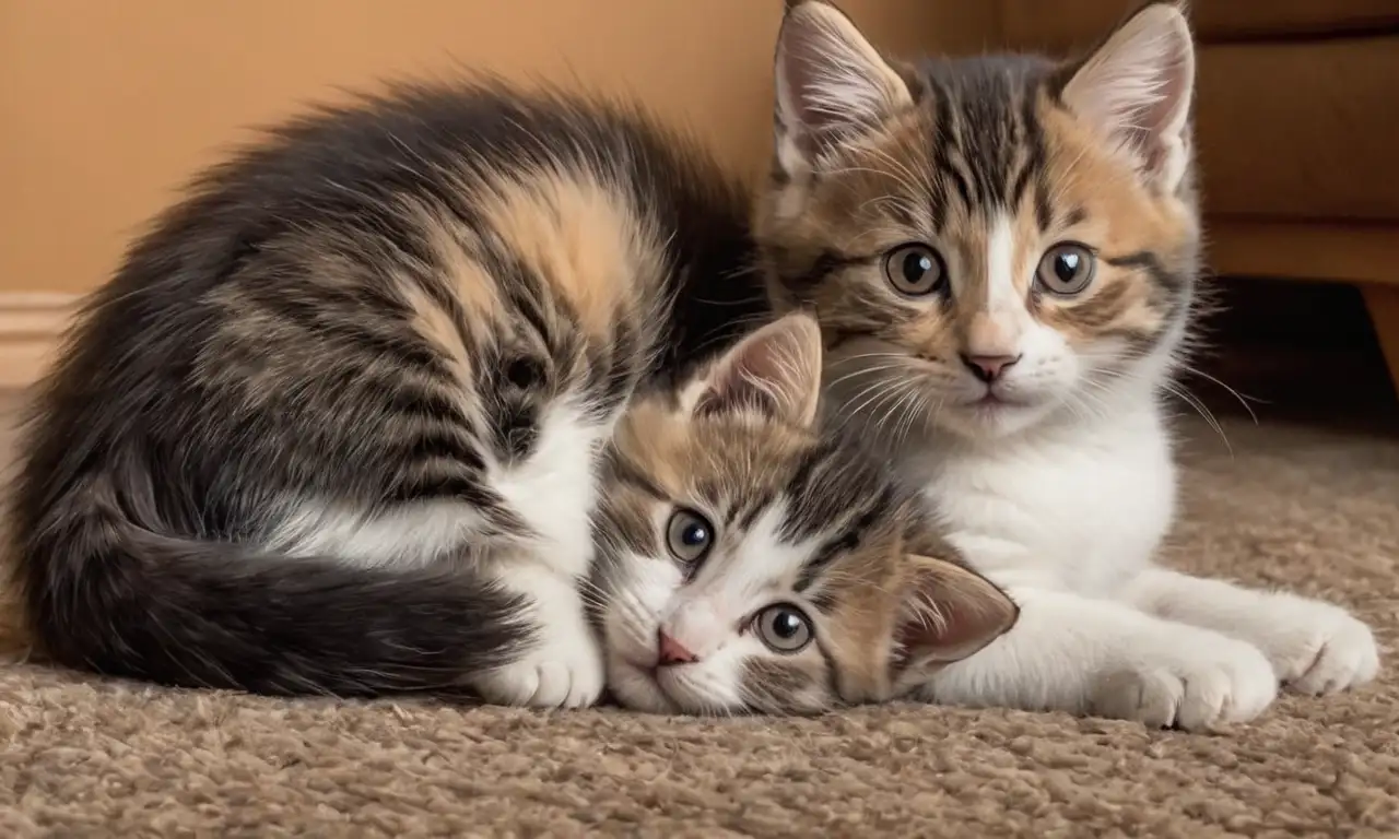 Un gato juguetón y un perro tranquilo se encuentran en una acogedora sala, creando una escena armoniosa de compañerismo