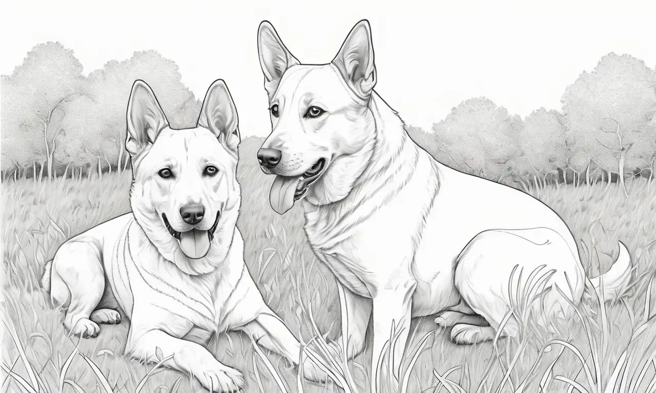 Dibujo de dos perros con contornos definidos, texturas suaves y un fondo detallado que capturan emoción y movimiento