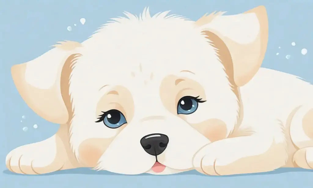 Un fondo suave en tonos pastel con un perro juguetón de pelaje claro y ojos inocentes sobre una alfombra texturizada