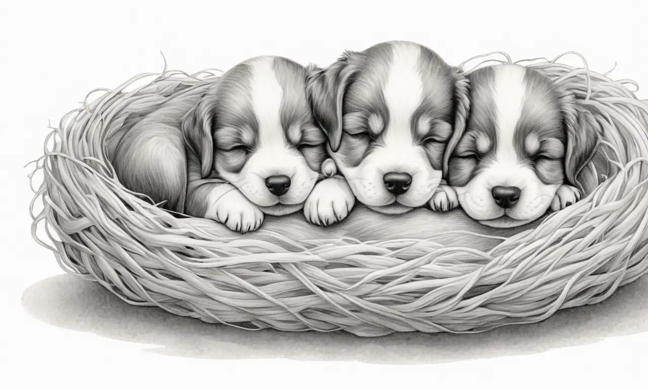 Dibujo suave de cachorros dormidos con sombras delicadas que evocan calidez y tranquilidad