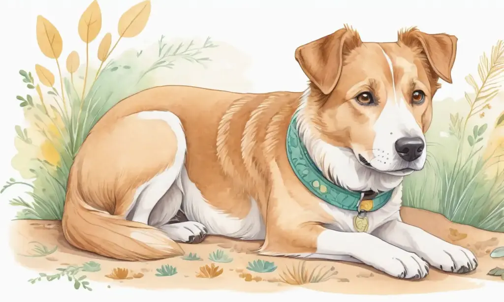Ilustración colorida de un perro relajado en un ambiente acogedor y vibrante