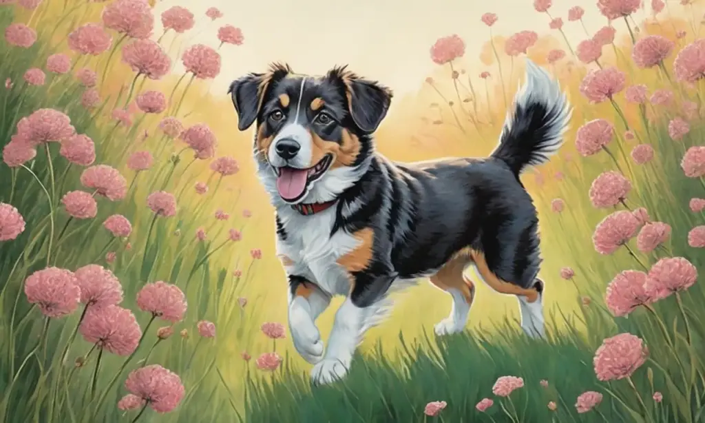 Un perro juguetón se destaca en un paisaje colorido