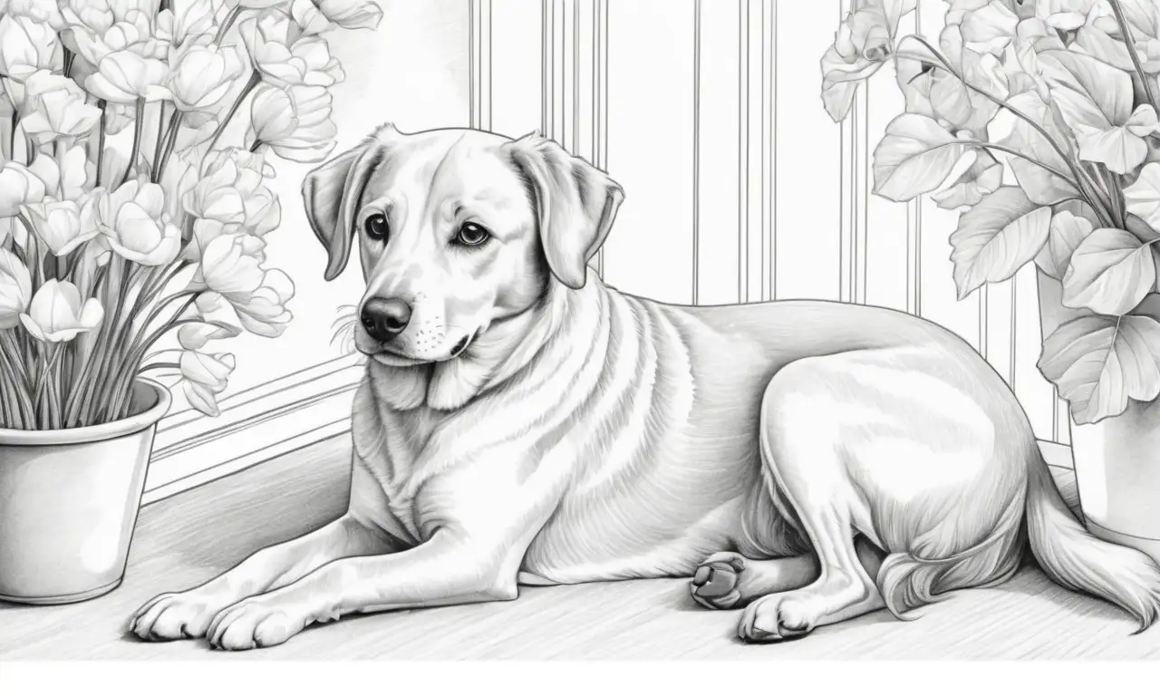 El dibujo muestra un perro curioso y una mujer embarazada en un ambiente cálido y sereno, con detalles que sugieren amor y conexión