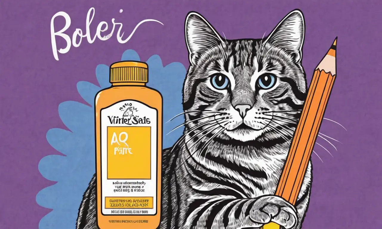 Un dibujo muestra una silueta de gato con texturas suaves, colores vibrantes y una mano veterinaria administrando medicación en un fondo dinámico