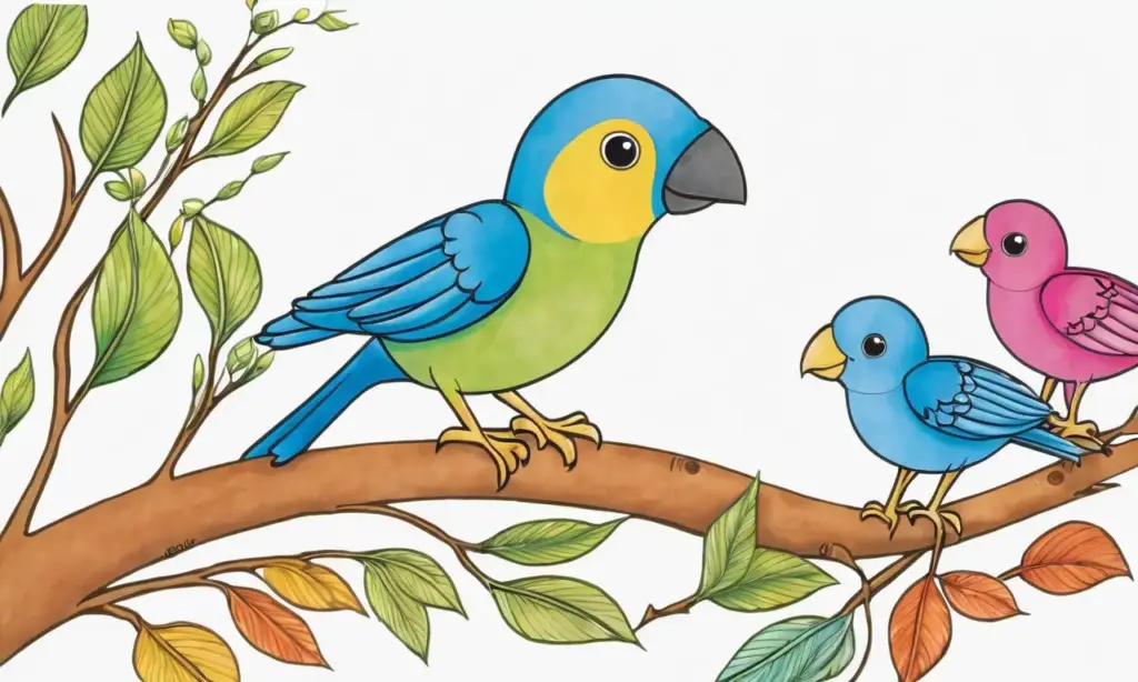 Una ilustración vibrante y detallada que captura la ternura de un pájaro y su cría en un ambiente armonioso