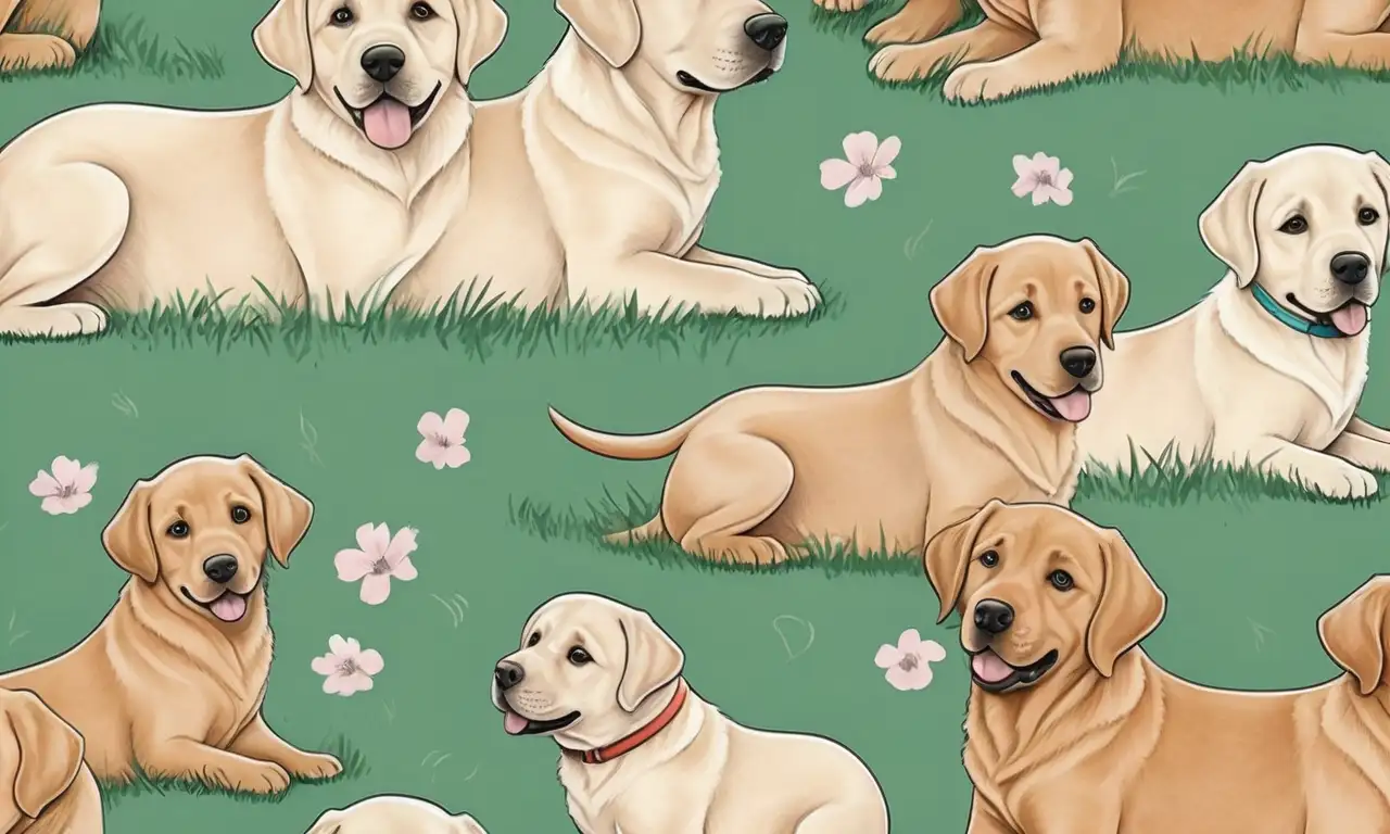 Un fondo suave con gradientes, Labrador detallado y cachorros juguetones en poses amorosas