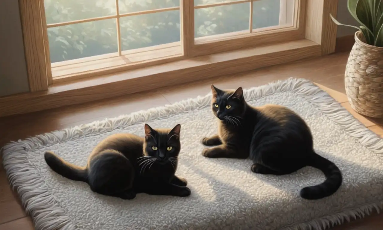 Un gato sereno descansa sobre una manta, iluminado por la luz del sol