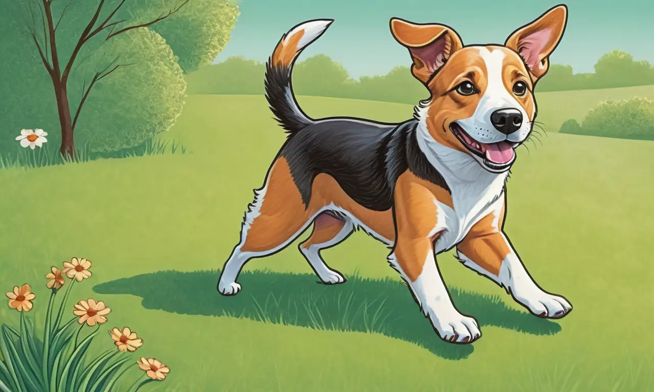 Un perro juguetón con pelaje suave y curiosos ojos bajo un fondo de naturaleza vibrante