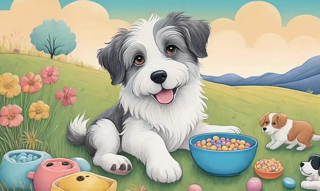 Una ilustración vibrante de un perro triste rodeado de elementos que sugieren esperanza y compasión