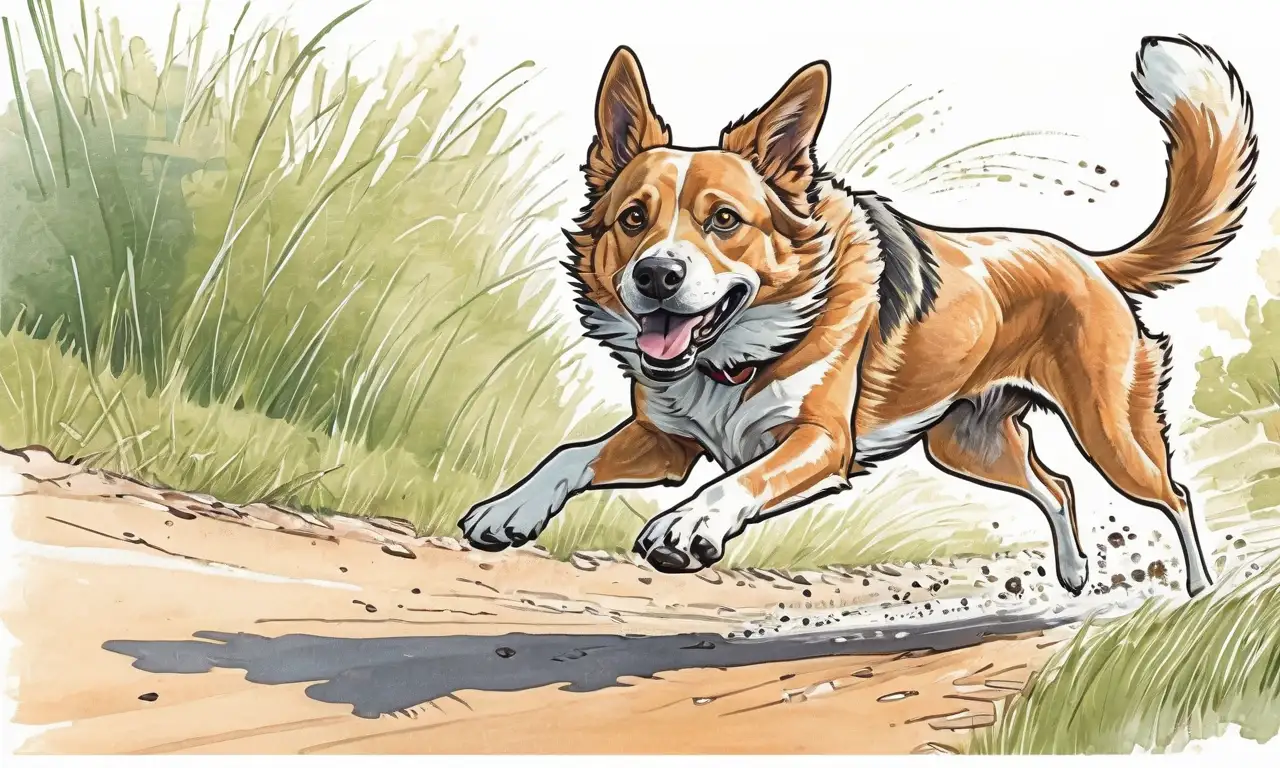 Un perro dinámico corre, con su dueño preocupado y un parque al fondo