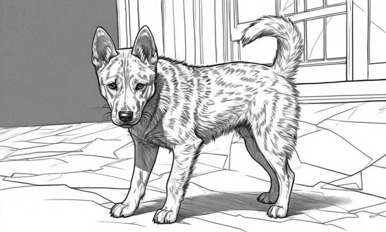 Una tensión visual entre un perro aterrorizado y un cachorro tímido en un espacio caótico