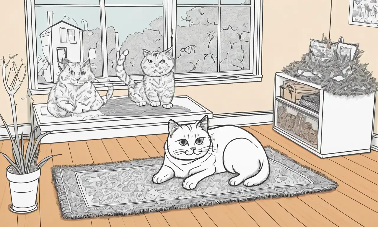 Ilustración de una habitación acogedora con un dueño preocupado junto a su gato esponjoso, detalles que reflejan su ansiedad y el desorden de facturas veterinarias