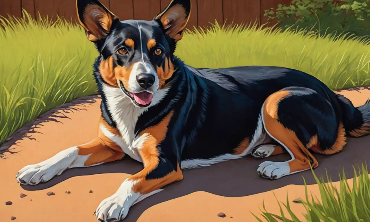 Ilustración de un perro juguetón con texturas suaves y colores cálidos en un fondo minimalista