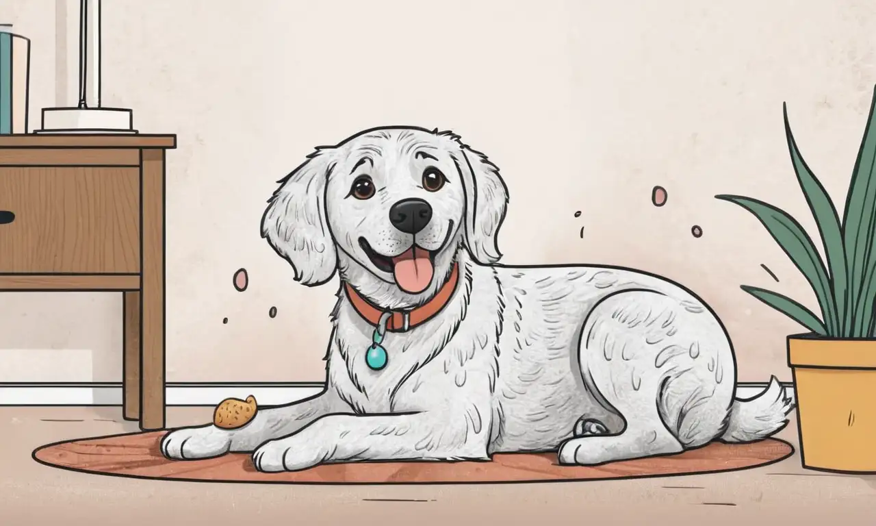 Un perro central con ojos expresivos en una postura preocupada, rodeado de sombras y un ambiente acogedor que sugiere inquietud