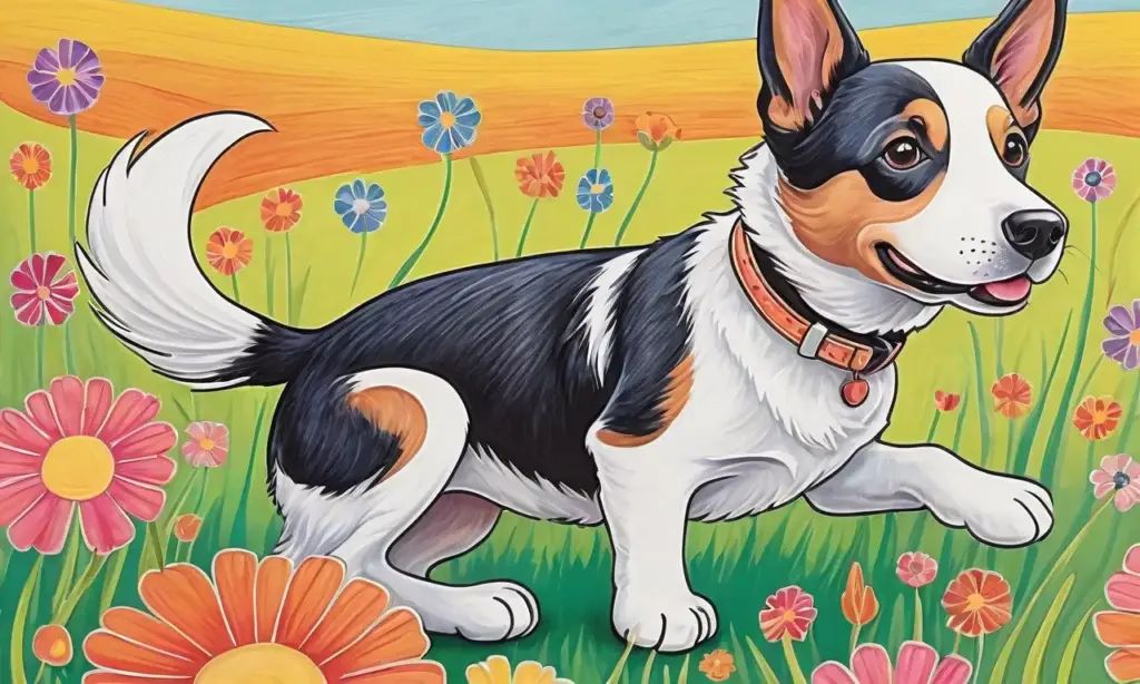 Un perro juguetón con pelaje brillante y ojos expresivos juega en un fondo vibrante de flores silvestres