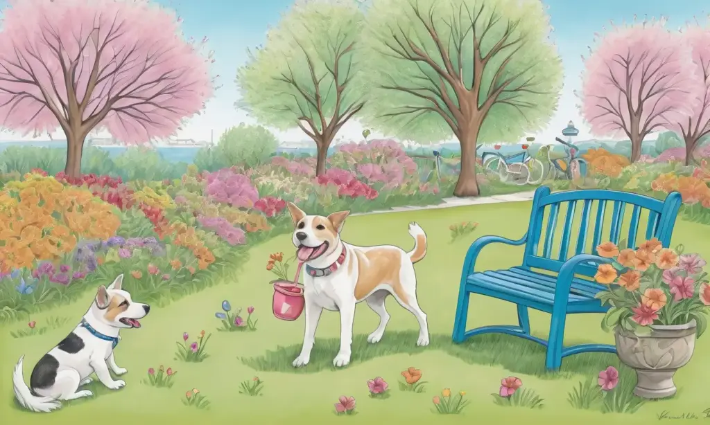 Una escena vibrante de un parque con perros felices