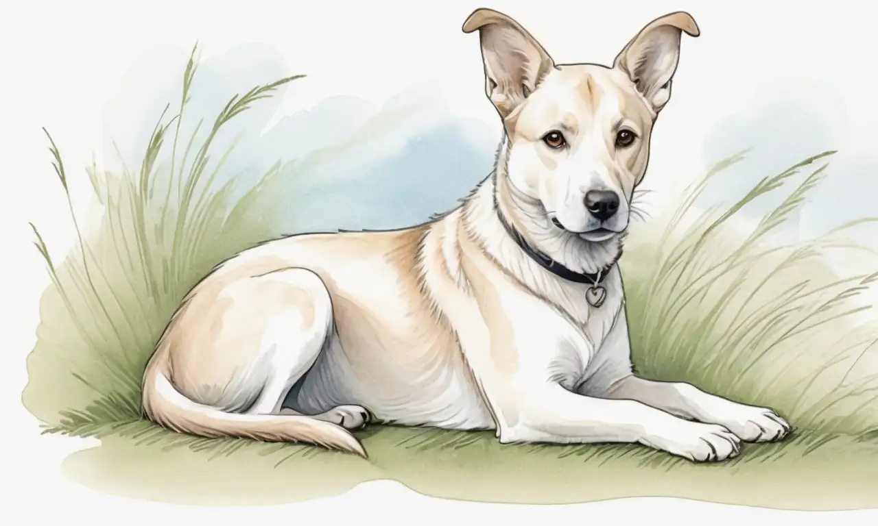 Un perro tranquilo en un paisaje sereno con un dueño preocupado al fondo