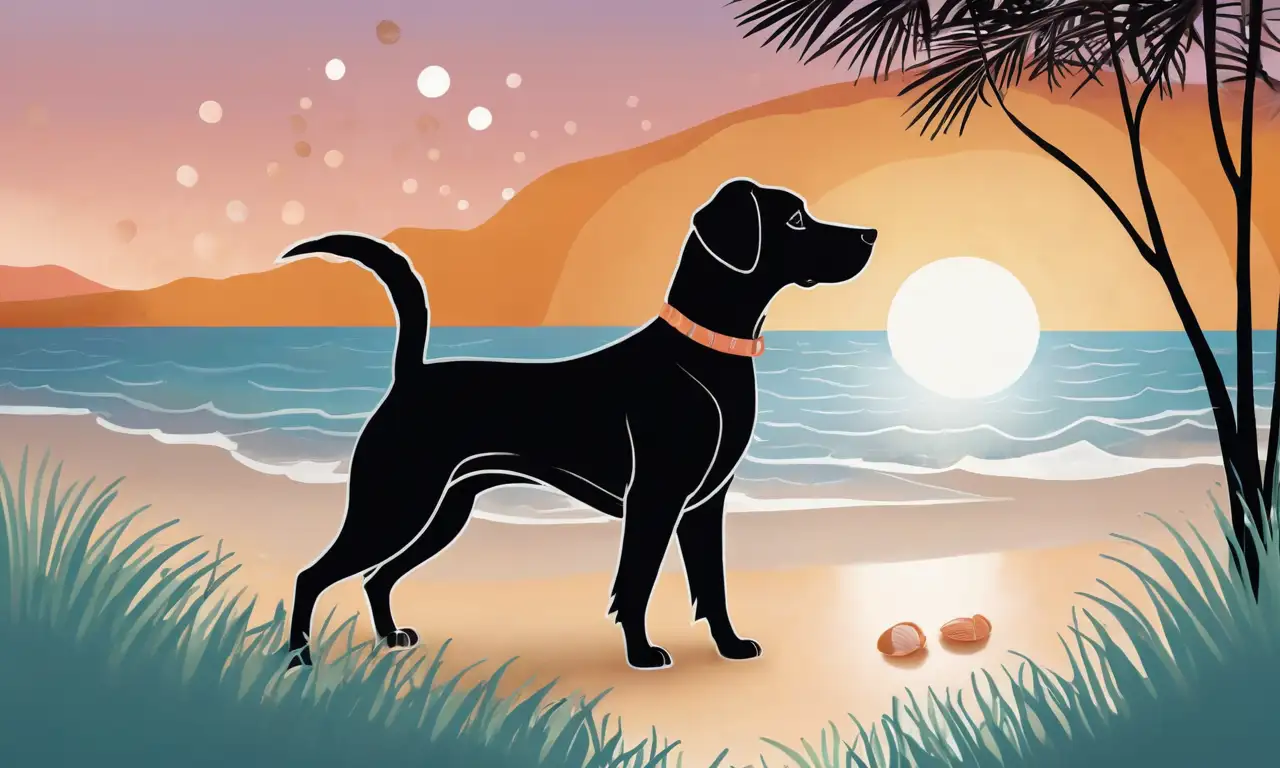 Silhouette suave de perro con pelo brillante, luz cálida y detalles de coco en un entorno armonioso