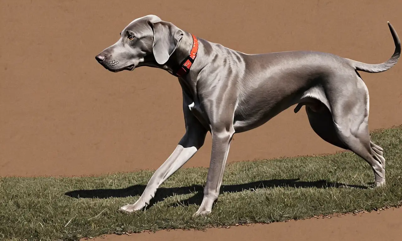 Un Weimaraner gris en una pose dinámica con texturas suaves, ojos expresivos y fondo oscuro que resalta su silueta