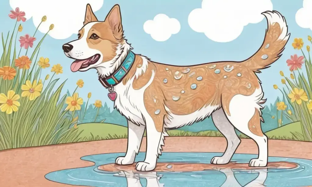 Un perro colorido juega en un parque soleado