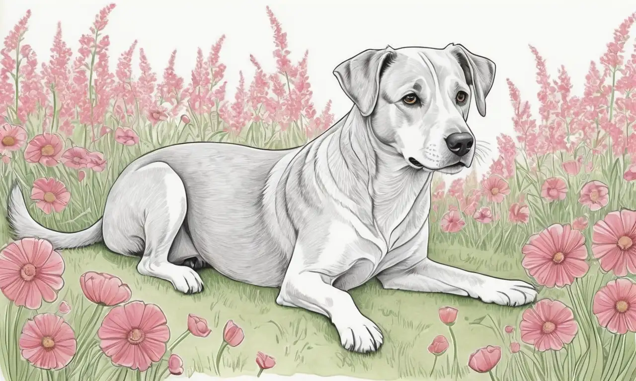 La imagen de un perro destaca por su detallada línea, suaves sombras y vibrantes colores en un fondo dinámico