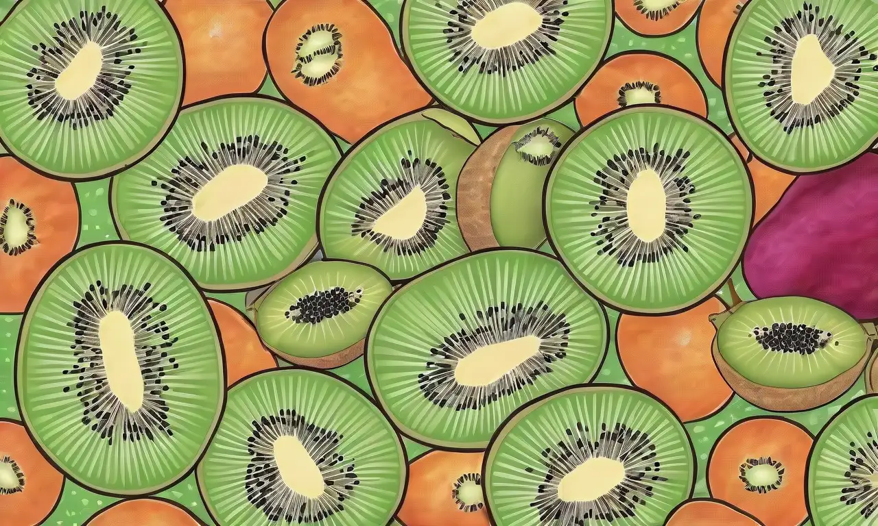 Rodajas de kiwi vibrantes y perros juguetones en un fondo colorido y dinámico