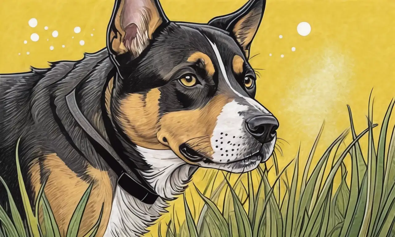 Perro angustiado con textura suave, baba amarilla y un fondo sombrío que sugiere inquietud