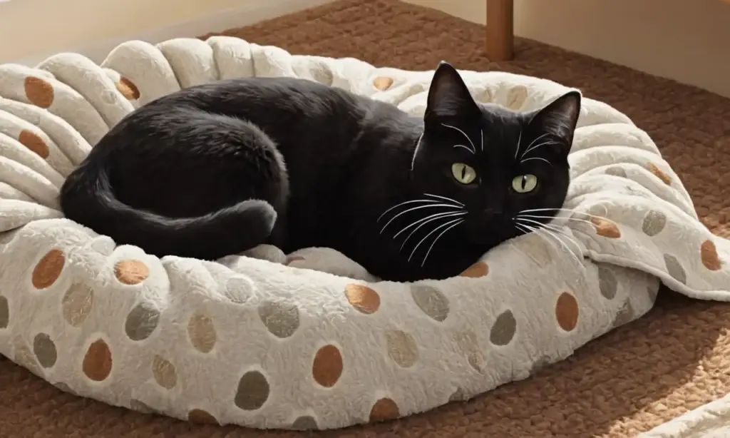 Un gato suave y relajado se acomoda en suaves mantas