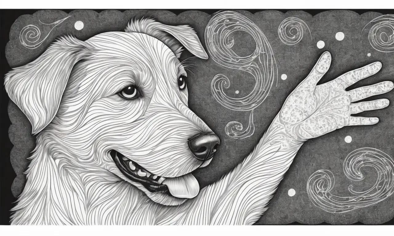 Un cachorro angustiado con pelaje suave y ojos expresivos rodeado de caos visual que evoca empatía