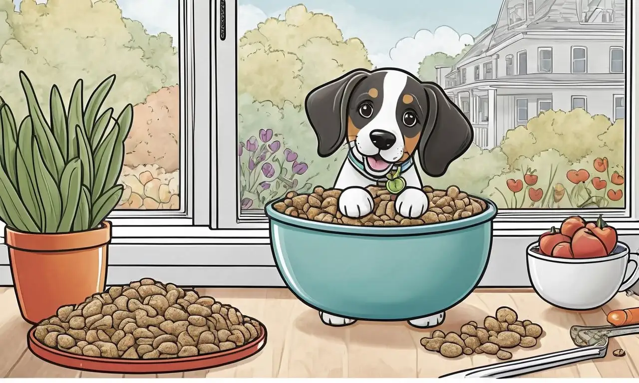 Un perro juguetón rodeado de comida y un ambiente acogedor