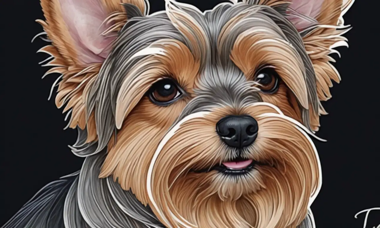 Un Yorkshire terrier con orejas caídas, suave pelaje y detalles delicados, en un fondo con gradientes suaves