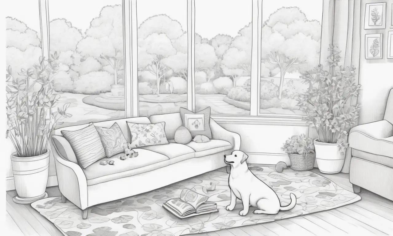 Un dibujo suave y acogedor representa un hogar armonioso para un perro ciego