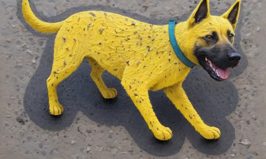 Vómito amarillo en el concreto con un perro alarmado en un entorno detallado
