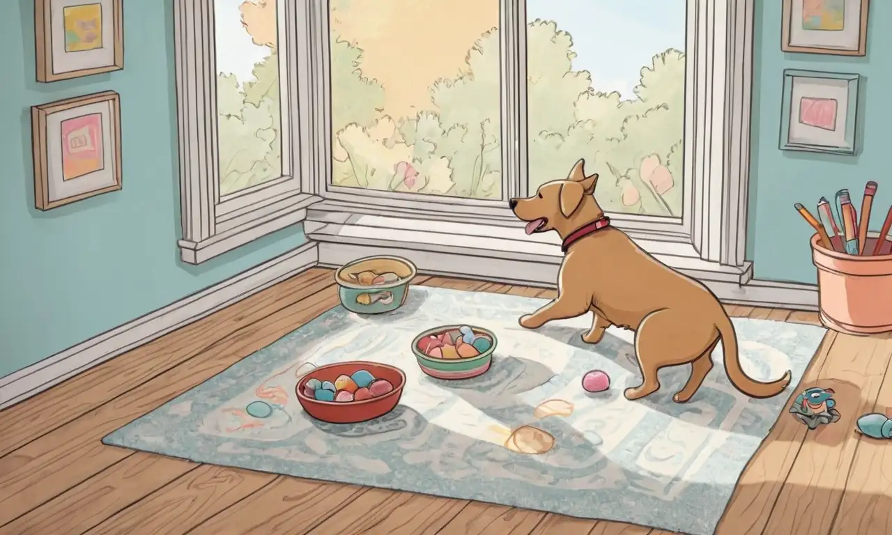 Una escena vibrante y caótica con un perro juguetón, colores suaves y texturas detalladas que invitan a la exploración