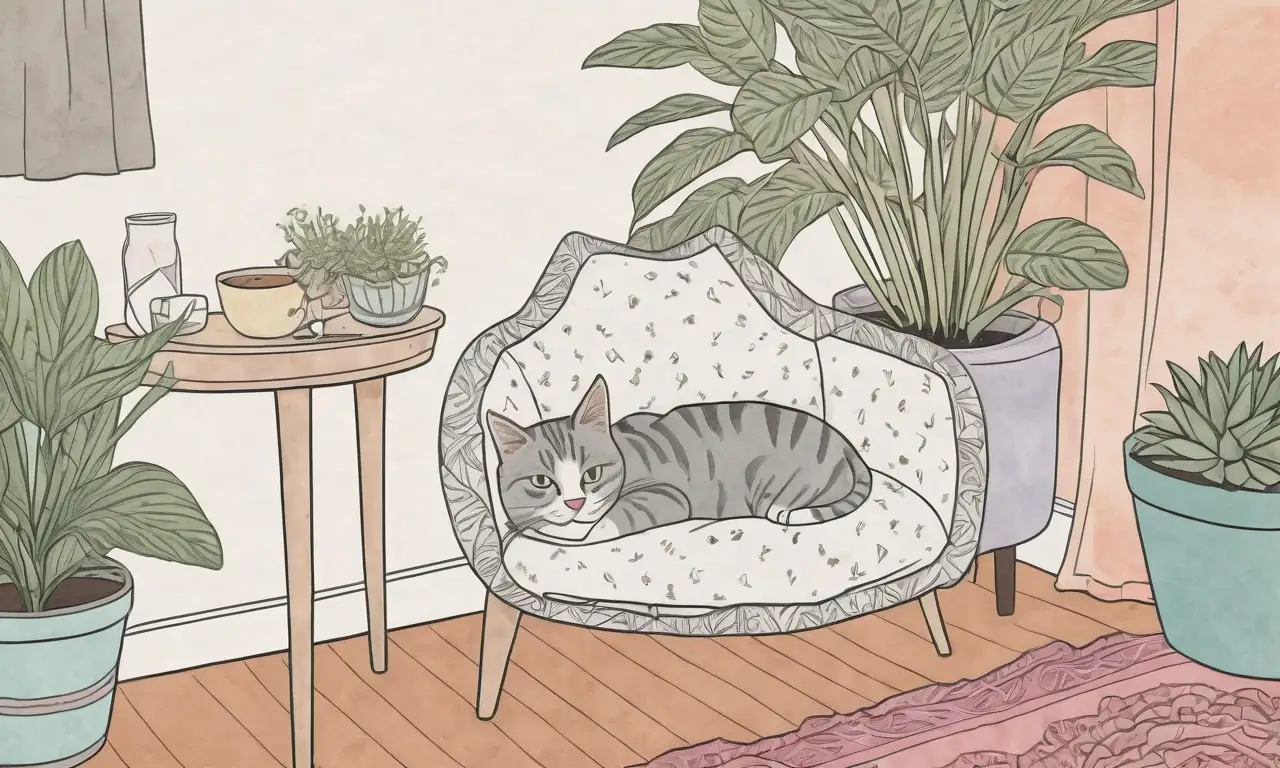 Una habitación acogedora con luz suave, un gato sentado y una atmósfera de cuidado y sanación