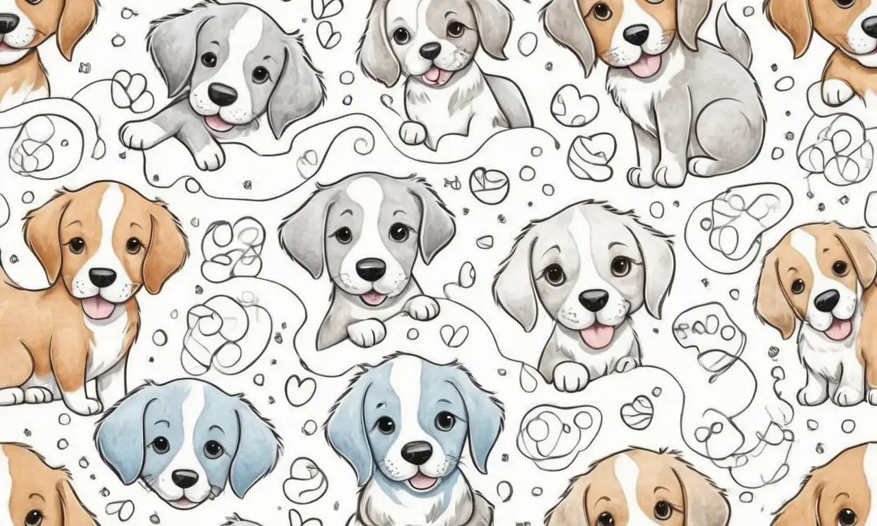 La ilustración muestra cachorros juguetones con un fondo cálido y detalles que destacan su textura y expresiones felices