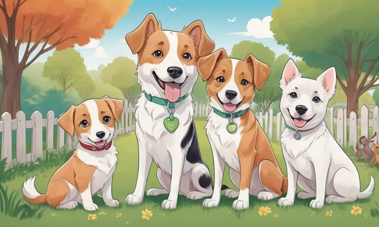 Ilustración colorida de perros en un parque soleado con un veterinario cariñoso y un ambiente seguro