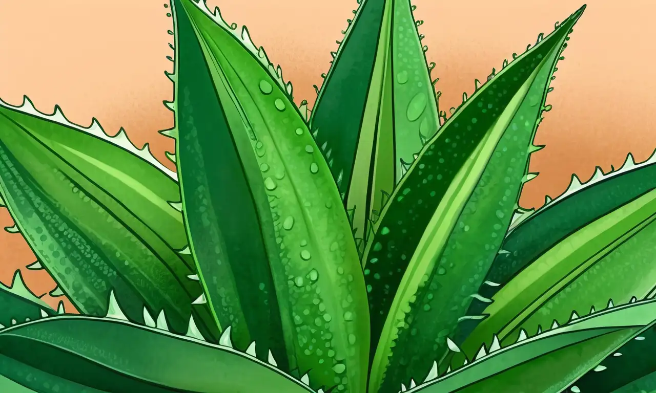 Aloe vera en el centro con hojas verdes vibrantes y un perro de fondo en una composición armoniosa