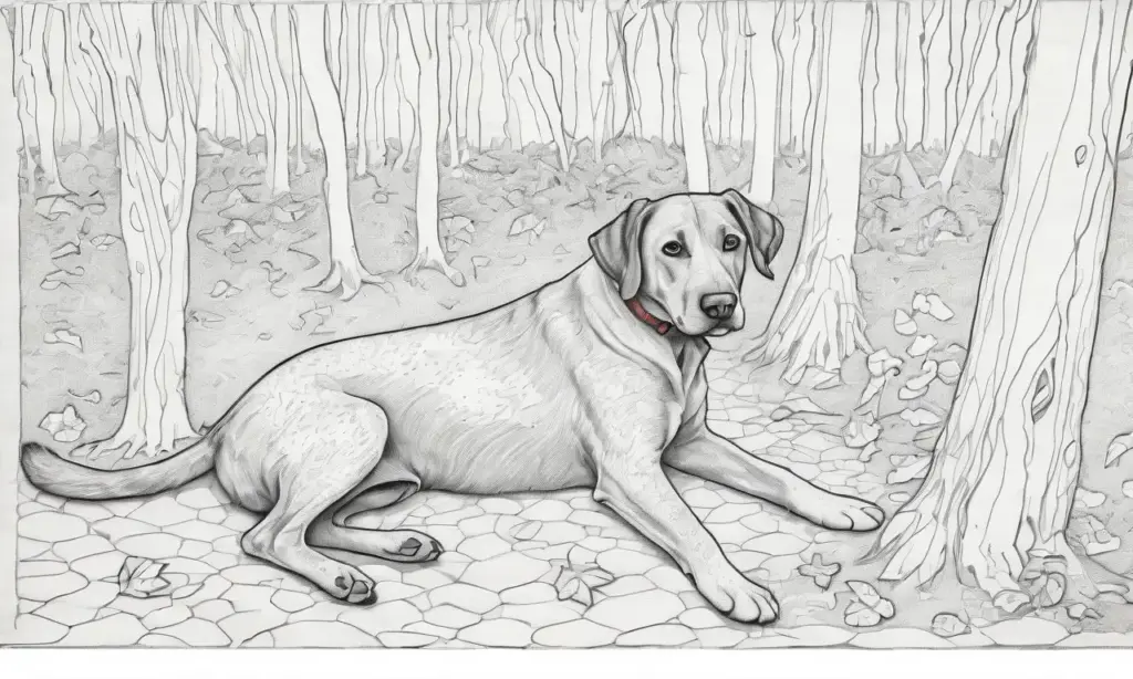 Un perro angustiado con manchas en su pelaje y garrapatas se encuentra en un entorno natural desordenado que refleja un estado tenso pero esperanzador