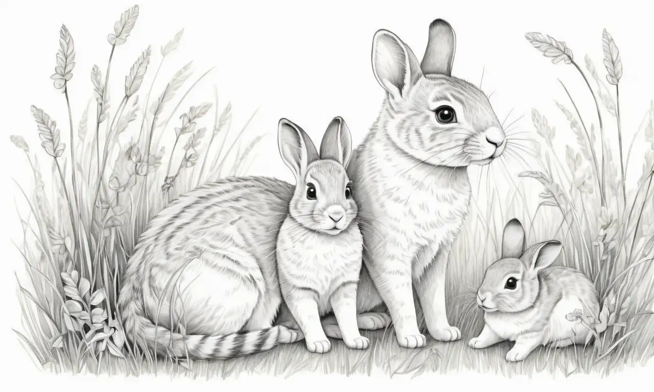 El dibujo combina sombras suaves, texturas variadas y un equilibrio de espacio negativo para retratar cobayas en un entorno natural