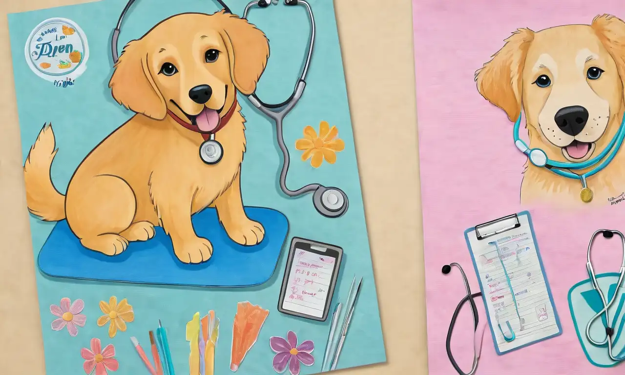 Un retrato vibrante de un golden retriever en una clínica veterinaria