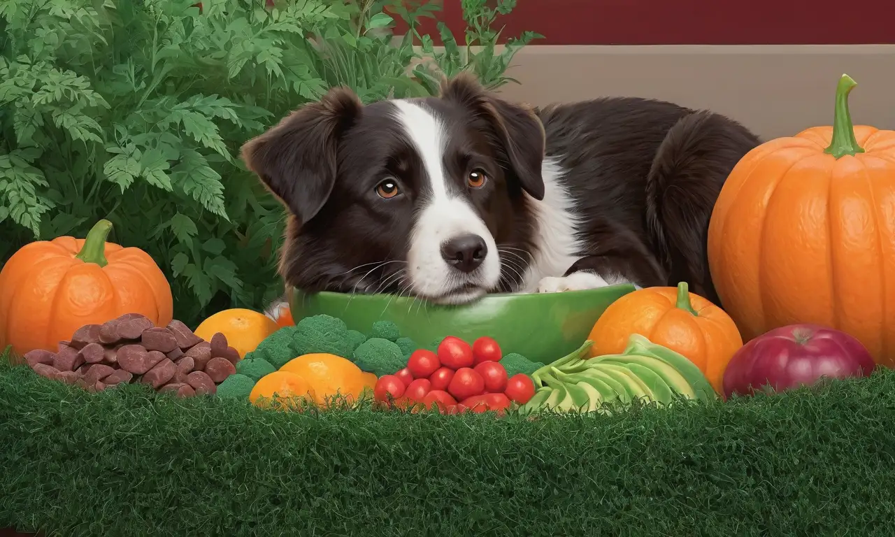 Una composición vibrante que destaca un perro y su comida en un entorno cálido y acogedor