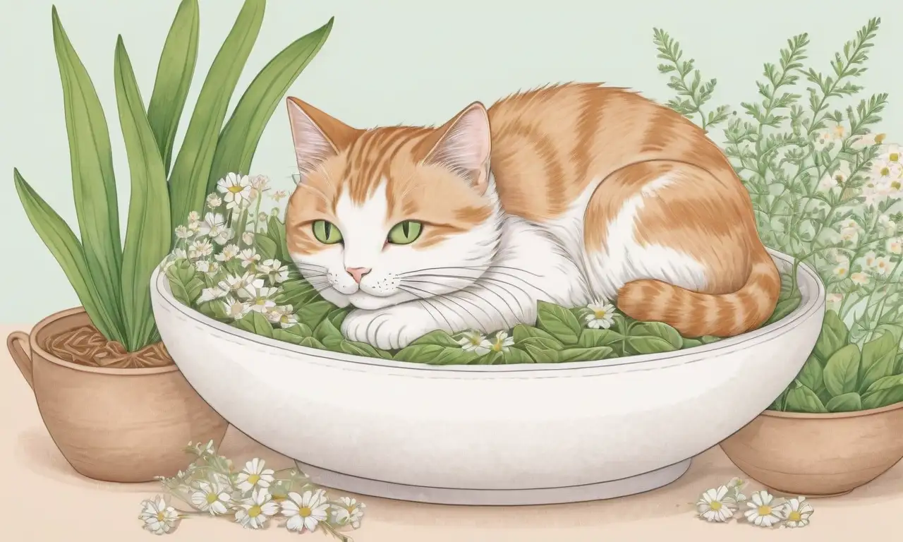Un gato sereno se acurruca entre hojas verdes y flores suaves, rodeado de hierbas y un tazón de cúrcuma, todo en una atmósfera tranquila