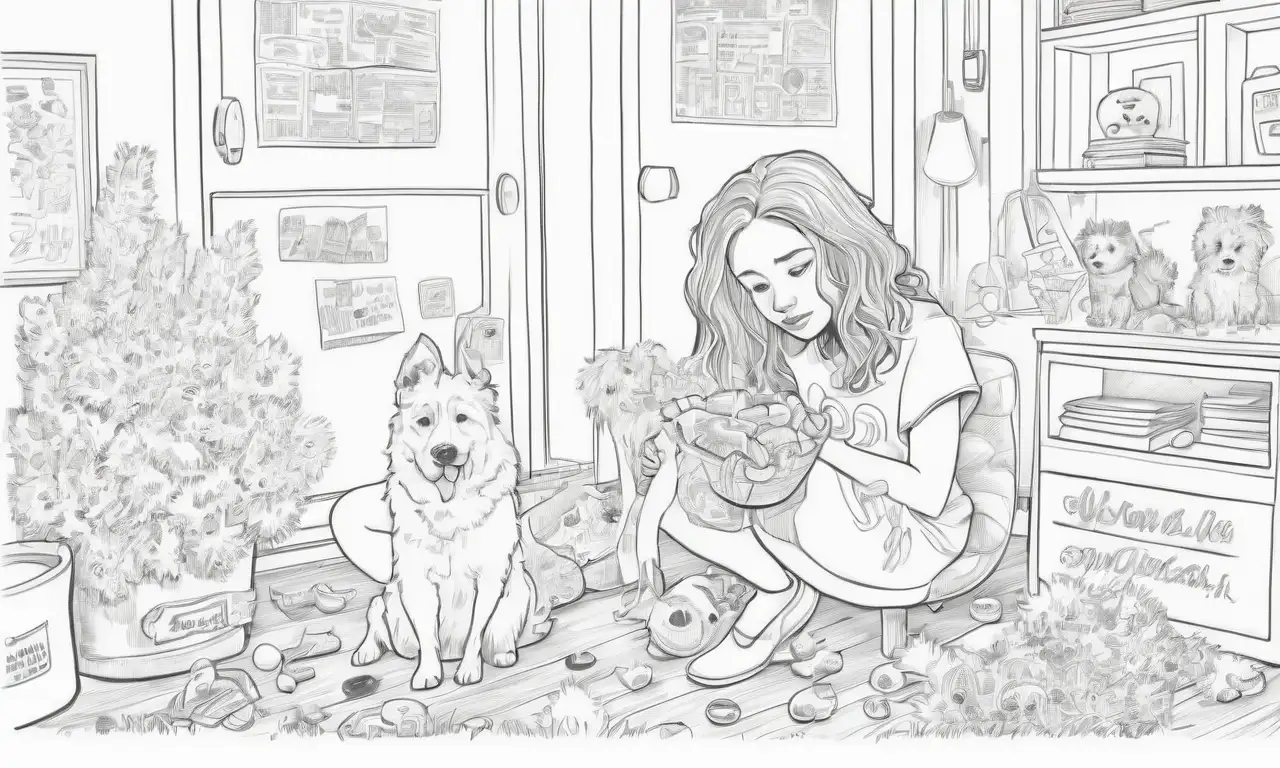 Una mujer preocupada se arrodilla junto a su perro, rodeada de un ambiente cálido y sombrío