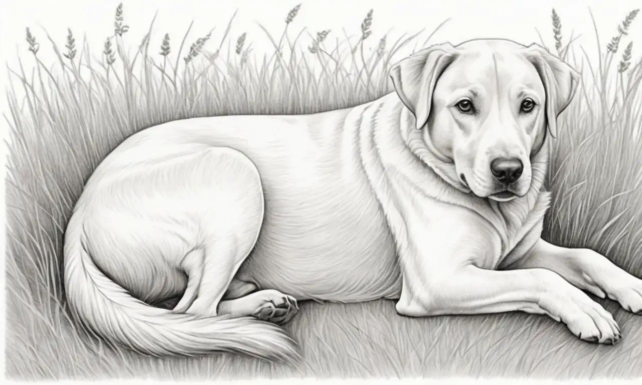 Un esbozo de un perro embarazado con sombras suaves, detalles intrincados y una composición equilibrada que resalta su forma y emoción
