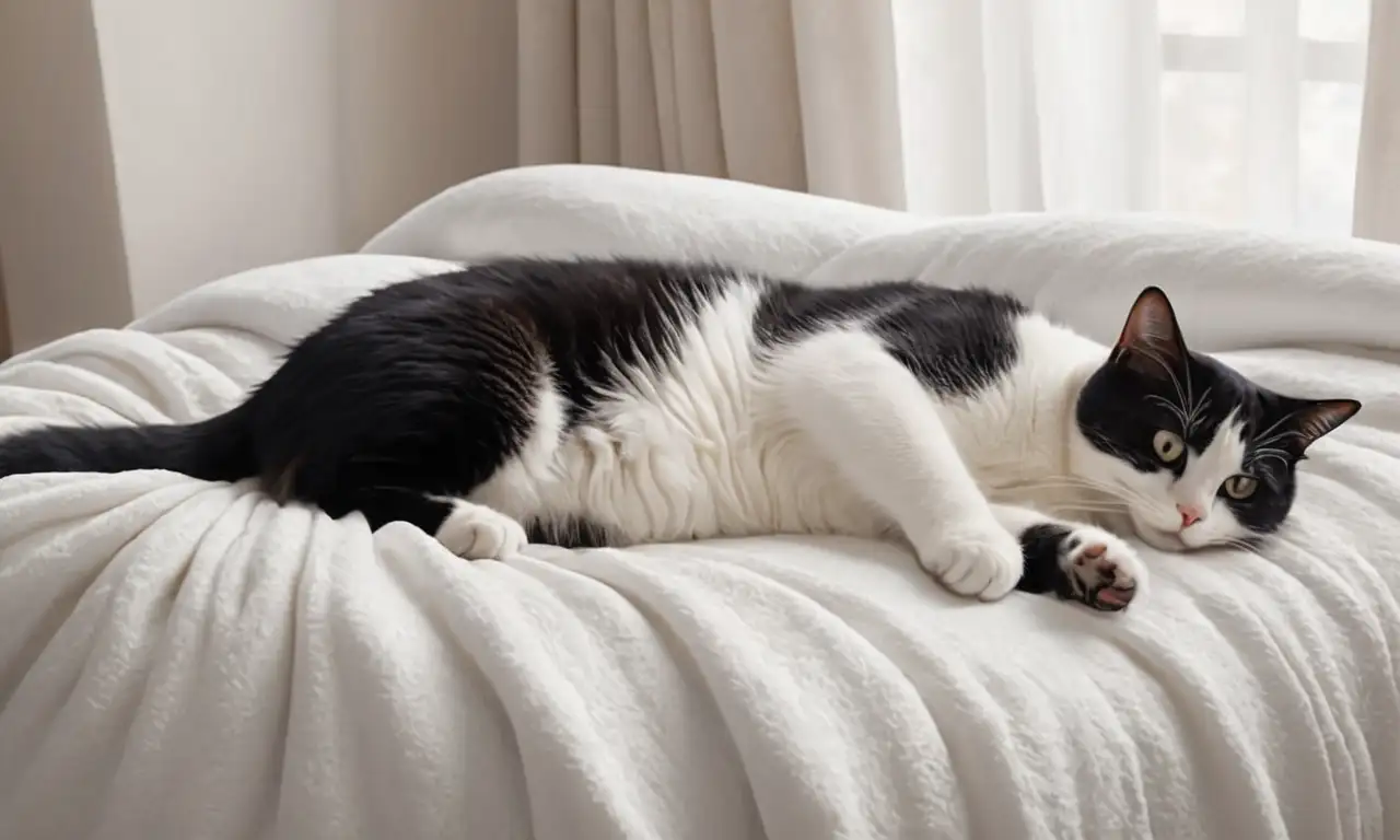 Una escena acogedora de un gato dormido en la cama, rodeado de luces y sombras suaves