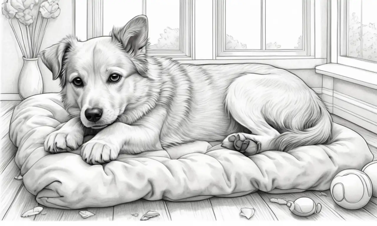 Un dibujo detallado de un perro en un entorno acogedor y soñador