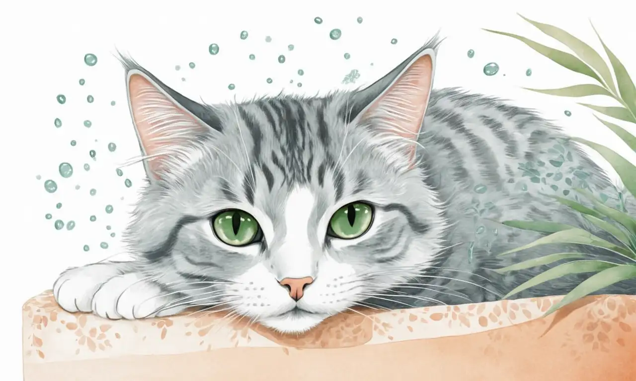 Un gato relajado en una paleta suave y cálida simboliza prevención y atención veterinaria con detalles sutiles